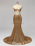 Gold Sequin Lace Applique Long Mermaid Bridesmaid Dresses XDM1116