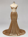 Gold Sequin Lace Applique Long Mermaid Bridesmaid Dresses XDM1116