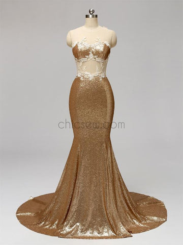 Gold Sequin Lace Applique Long Mermaid Bridesmaid Dresses XDM1116