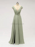 Unique Cap Sleeves V Neck Floor Length Chiffon Long Bridesmaid Dresses XDM1124