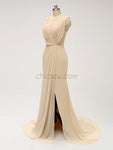 Pretty V Neck Side Slit Chiffon With Ruffles Long Bridesmaid Dresses XDM1125