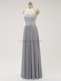 Simple Halter Lace Top Chiffon Floor Length Chiffon Long Bridesmaid Dresses XDM1121