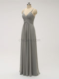 Cheap Spaghetti Strap V Neck Grey Chiffon Long Bridesmaid Dresses XDM1120