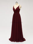 Spaghetti Strap Dark Red V Neck Chiffon Long Bridesmaid Dresses XDM1123