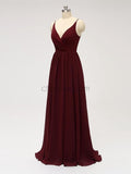 Spaghetti Strap Dark Red V Neck Chiffon Long Bridesmaid Dresses XDM1123