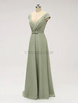 Unique Cap Sleeves V Neck Floor Length Chiffon Long Bridesmaid Dresses XDM1124