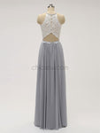 Simple Halter Lace Top Chiffon Floor Length Chiffon Long Bridesmaid Dresses XDM1121