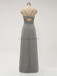 Cheap Spaghetti Strap V Neck Grey Chiffon Long Bridesmaid Dresses XDM1120