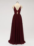 Spaghetti Strap Dark Red V Neck Chiffon Long Bridesmaid Dresses XDM1123