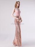 Rose Gold Sequin Mermaid V-neck Long Bridesmaid Dresses SDP1175