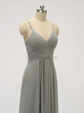 Cheap Spaghetti Strap V Neck Grey Chiffon Long Bridesmaid Dresses XDM1120