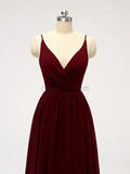 Spaghetti Strap Dark Red V Neck Chiffon Long Bridesmaid Dresses XDM1123