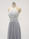 Simple Halter Lace Top Chiffon Floor Length Chiffon Long Bridesmaid Dresses XDM1121