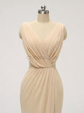 Pretty V Neck Side Slit Chiffon With Ruffles Long Bridesmaid Dresses XDM1125