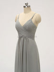 Cheap Spaghetti Strap V Neck Grey Chiffon Long Bridesmaid Dresses XDM1120