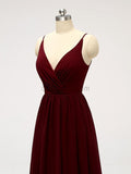 Spaghetti Strap Dark Red V Neck Chiffon Long Bridesmaid Dresses XDM1123