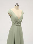 Unique Cap Sleeves V Neck Floor Length Chiffon Long Bridesmaid Dresses XDM1124