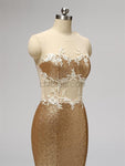 Gold Sequin Lace Applique Long Mermaid Bridesmaid Dresses XDM1116