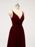 Spaghetti Strap Dark Red V Neck Chiffon Long Bridesmaid Dresses XDM1123