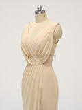 Pretty V Neck Side Slit Chiffon With Ruffles Long Bridesmaid Dresses XDM1125