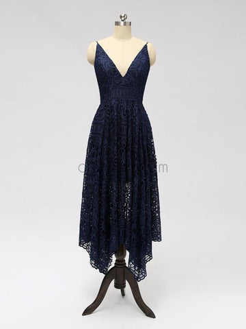 Navy Spaghetti Strap V-neck Lace High Low Bridesmaid Dresses SDP1122