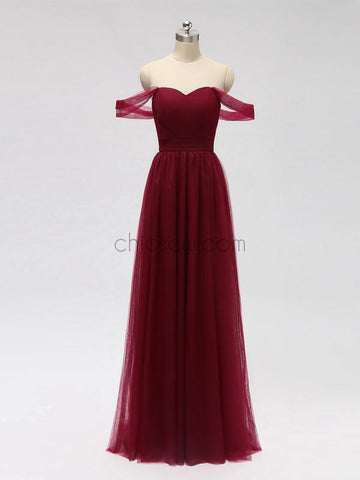 A-line Tulle Off the Shoulder Long Bridesmaid Dresses SDP1123