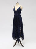 Navy Spaghetti Strap V-neck Lace High Low Bridesmaid Dresses SDP1122