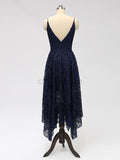 Navy Spaghetti Strap V-neck Lace High Low Bridesmaid Dresses SDP1122