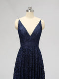 Navy Spaghetti Strap V-neck Lace High Low Bridesmaid Dresses SDP1122