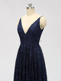 Navy Spaghetti Strap V-neck Lace High Low Bridesmaid Dresses SDP1122