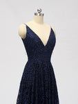 Navy Spaghetti Strap V-neck Lace High Low Bridesmaid Dresses SDP1122