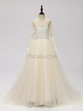 Long Sleeves Tulle Lace Long Flower Girl Dresses SDP1119