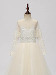 Long Sleeves Tulle Lace Long Flower Girl Dresses SDP1119