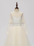 Long Sleeves Tulle Lace Long Flower Girl Dresses SDP1119