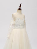 Long Sleeves Tulle Lace Long Flower Girl Dresses SDP1119