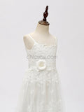 Ivory Tulle Lace A-line Long Flower Girl Dresses SDP1120