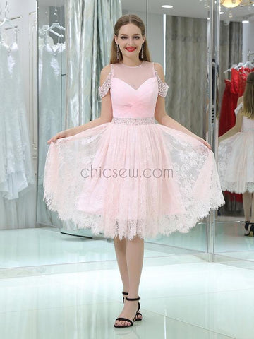 Pink Lace Pretty Short Homecoming Dresses SDP1128