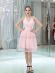 Charming V Neck Pink Lace Back Tulle A Line Short Homecoming Dresses XDM1166