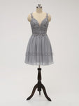 Unique Grey Lace Top A Line Chiffon Short Homecoming Dresses XDM1119