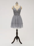 Unique Grey Lace Top A Line Chiffon Short Homecoming Dresses XDM1119