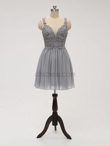 Unique Grey Lace Top A Line Chiffon Short Homecoming Dresses XDM1119