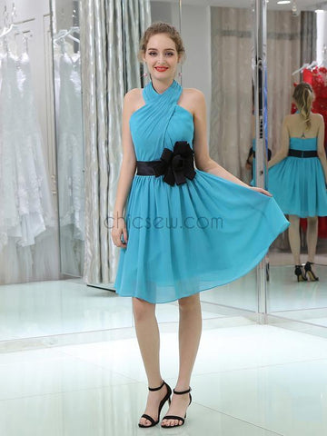 Unique Halter Blue Backless Chiffon A Line Short Homecoming Dresses XDM1163