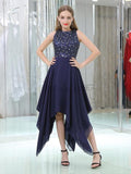 Navy High Low Beaded Chiffon Short Homecoming Dresses SDP1129