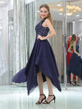 Navy High Low Beaded Chiffon Short Homecoming Dresses SDP1129