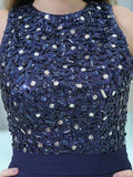 Navy High Low Beaded Chiffon Short Homecoming Dresses SDP1129