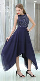 Navy High Low Beaded Chiffon Short Homecoming Dresses SDP1129