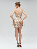 Pretty Halter Lace Up Applique Gold Short Homecoming Dresses XDM1109