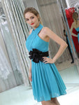 Unique Halter Blue Backless Chiffon A Line Short Homecoming Dresses XDM1163