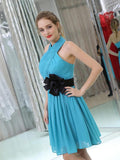 Unique Halter Blue Backless Chiffon A Line Short Homecoming Dresses XDM1163