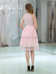 Charming V Neck Pink Lace Back Tulle A Line Short Homecoming Dresses XDM1166